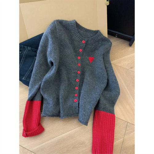 高级感超好看撞色针织开衫外套女秋冬季内搭上衣软糯独特灰色毛衣