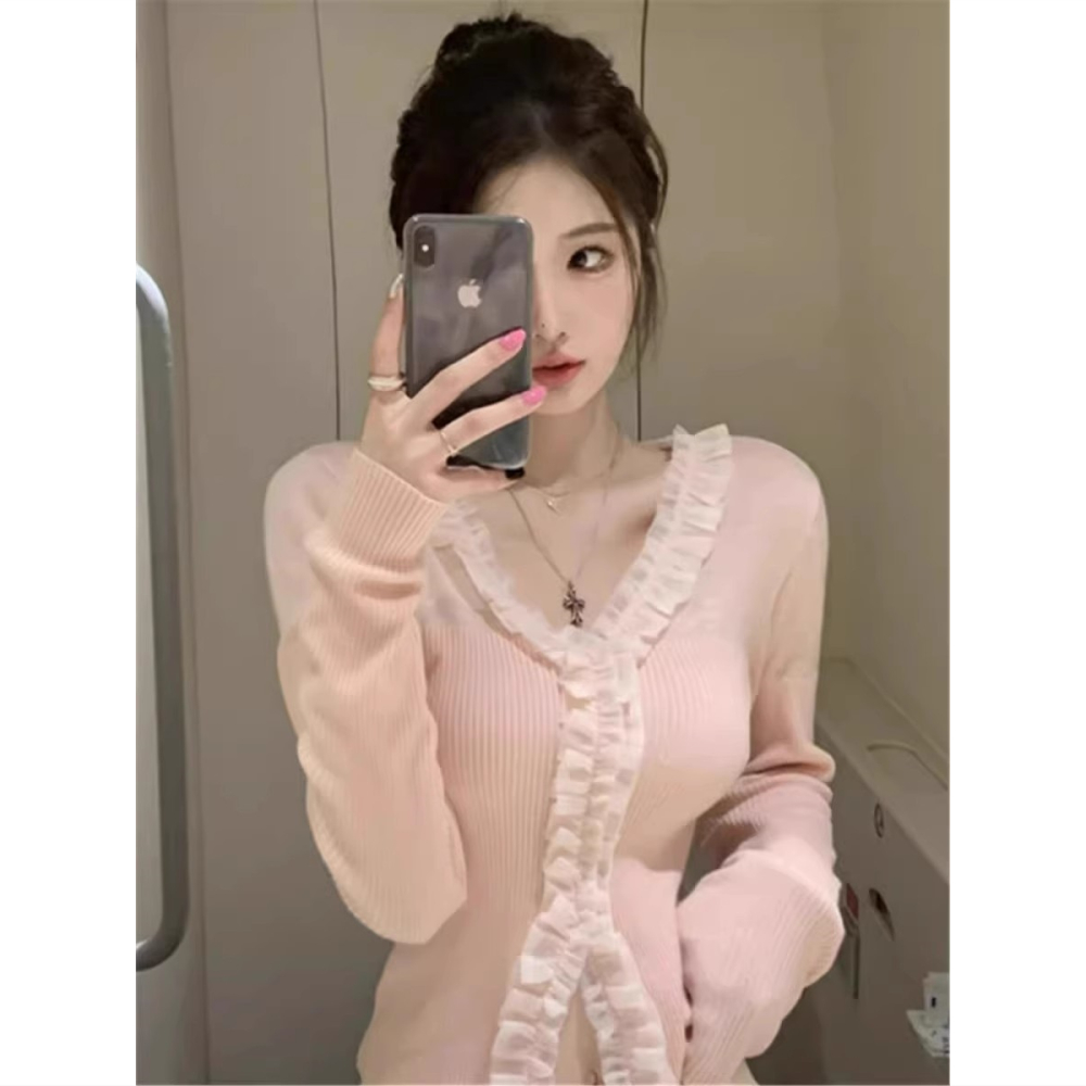 春秋冬新款v领修身长袖打底针织衫上衣设计感蕾丝花边粉色毛衣女