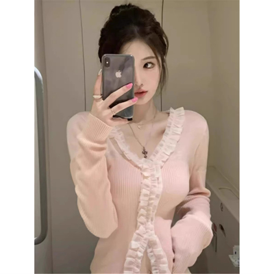 春秋冬新款v领修身长袖打底针织衫上衣设计感蕾丝花边粉色毛衣女