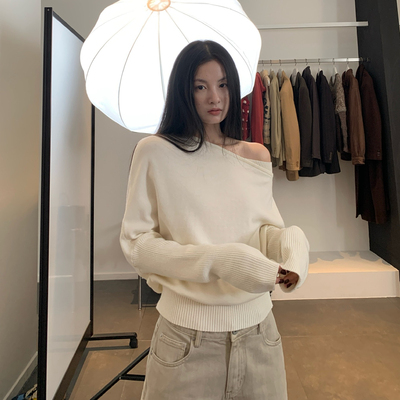 春秋冬慵懒宽松一字肩长袖打底针织衫上衣纯欲辣妹斜肩内搭毛衣女