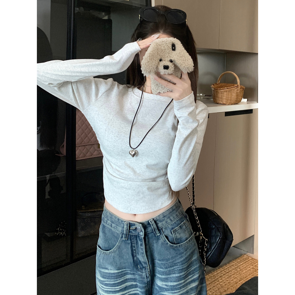 早秋穿搭韩系氛围感修身短款掐腰辣妹小个子t恤女长袖内搭打底衫