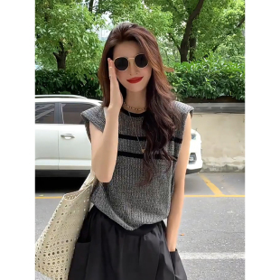 无袖 高级感巨好看灰色针织衫 坎肩t恤女 独特绝美漂亮上衣夏季 法式