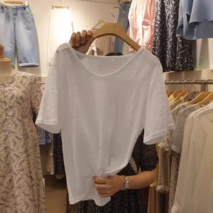 竹节棉v领半袖 夏季 薄款 简约百搭宽松显瘦白色t恤女短袖 体恤上衣服