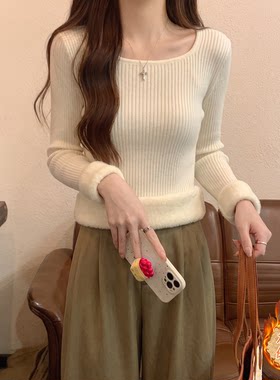 加厚一体绒保暖内搭毛衣女打底衫秋冬方领修身紧身长袖针织衫上衣