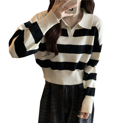 条纹翻领Polo衫毛衣女长袖打底衫