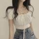 方领正肩白色t恤女短袖 夏季 小个子修身 法式 短款 收腰辣妹针织上衣