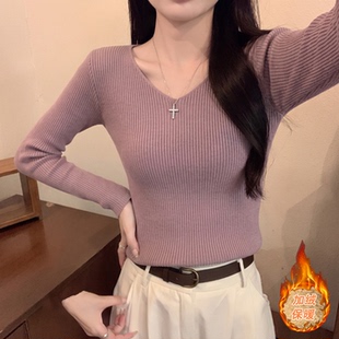 春秋薄款韩系v领修身紧身长袖打底针织衫上衣低领内搭紫色毛衣女
