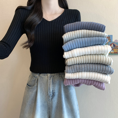 秋冬新款v领修身紧身长袖打底针织衫上衣低领显瘦黑色毛衣女内搭