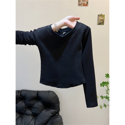 春秋冬薄款黑色显瘦修身短款内搭打底衫上衣超好看纯棉长袖t恤女