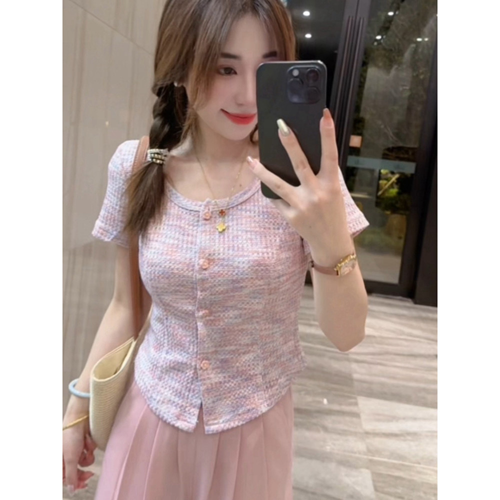 多巴胺彩色正肩t恤女短袖夏季韩系甜美chic减龄时尚修身开衫上衣