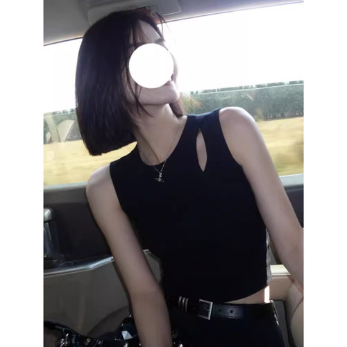 无袖黑色吊带背心女夏季外穿设计感小众镂空修身短款打底内搭上衣