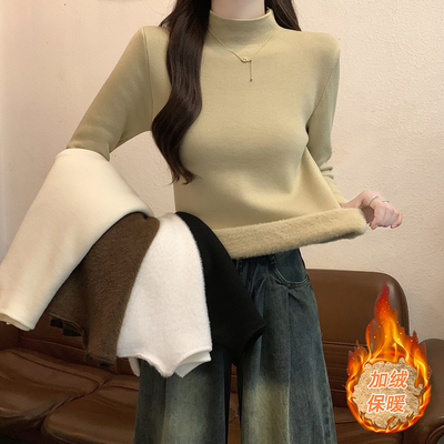 一体绒毛衣女打底衫秋冬季半高领修身加厚保暖内搭长袖针织衫上衣