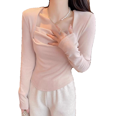 春秋冬新款洋气别致独特t恤女长袖法式方领纯欲内搭打底小衫上衣