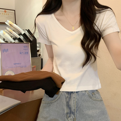 正肩白色t恤女短袖夏季美式辣妹v领修身短款小个子别致绝美小上衣