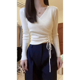 短款 打底衫 v领长袖 毛衣女内搭洋气别致漂亮 上衣 针织衫 秋冬修身