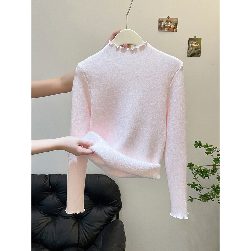 粉色毛衣女加厚加绒打底衫秋冬季木耳边半高领内搭长袖针织衫上衣