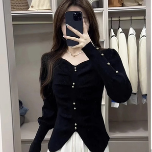 法式高级感v领泡泡袖打底针织衫女秋冬气质修身收腰长袖毛衣上衣