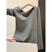 高级感重工烫钻灰色v领针织衫 女上衣秋冬绝美超好看长袖 打底毛衣