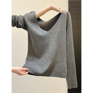 高级感重工烫钻灰色v领针织衫女上衣秋冬绝美超好看长袖打底毛衣