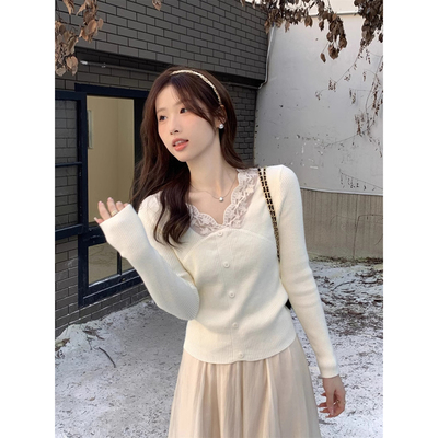 法式温柔风蕾丝v领针织打底衫上衣早秋长袖修身内搭巨好看毛衣女