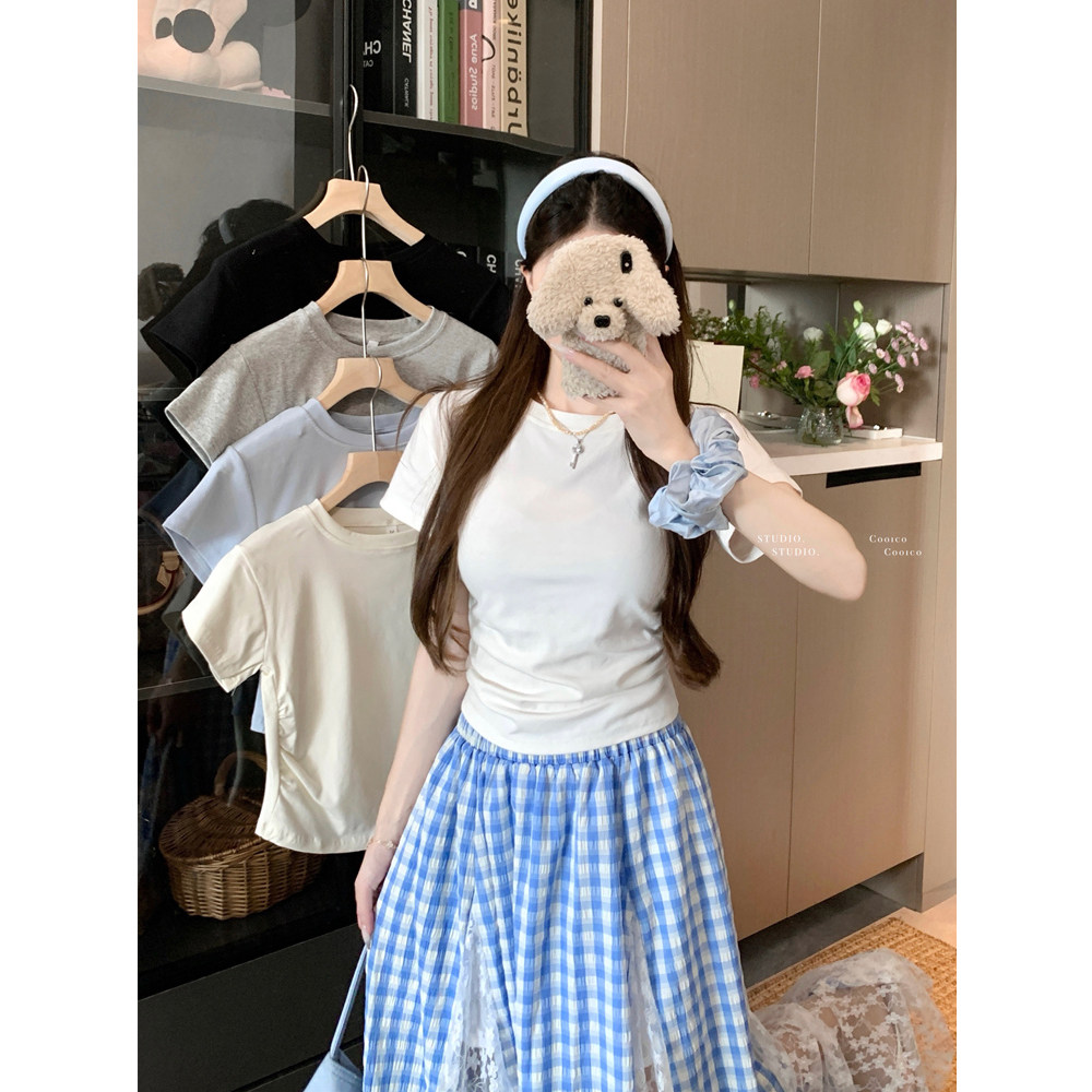 圆领正肩t恤女短袖夏季设计感小众纯欲辣妹修身短款褶皱收腰上衣