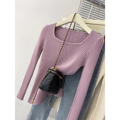 紫色毛衣女秋冬加厚加绒方领修身显瘦长袖打底针织衫内搭短款上衣