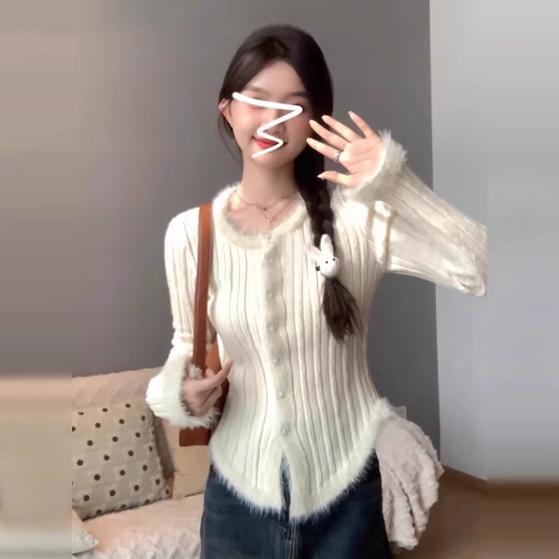 洋气高级感白色毛衣女秋冬内搭打底衫上衣设计感长袖针织开衫外套