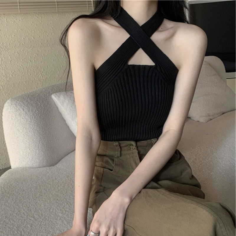 甜辣短款挂脖针织小吊带背心女夏
