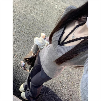 秋冬修身收腰辣妹长袖打底针织衫上衣高级感可外穿灰色v领毛衣女