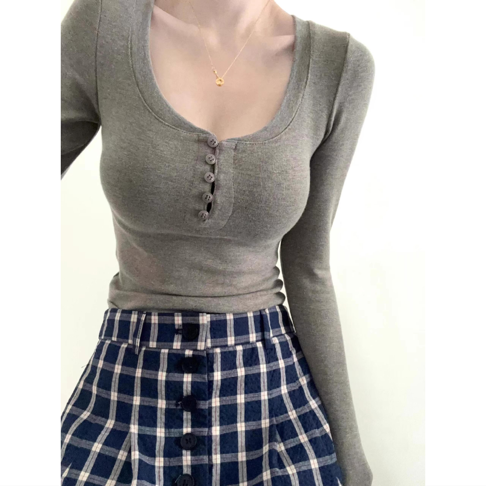 2025新款韩版春秋季新款u领修身紧身内搭打底衫上衣纯欲辣妹正肩