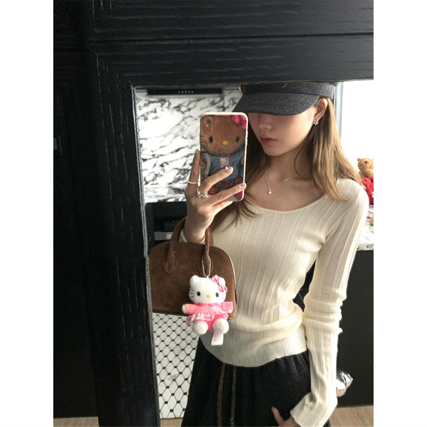 秋冬季韩系u领修身显瘦长袖打底针织衫上衣肌理高级感内搭毛衣女