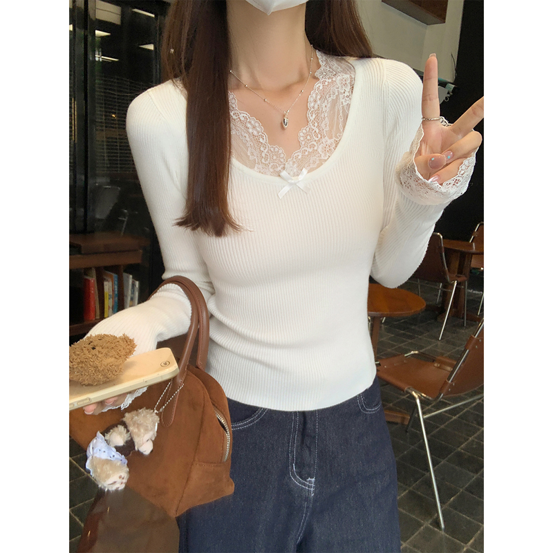 白色蕾丝长袖毛衣针织打底衫女早秋辣妹u领修身绝美巨好看的上衣