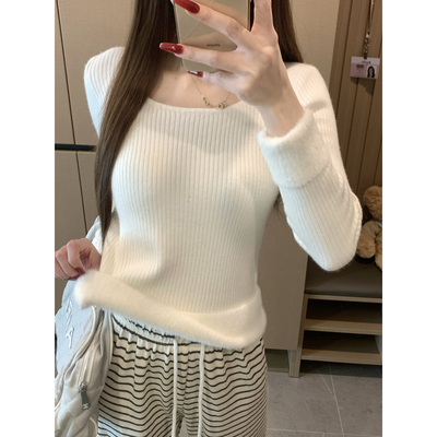春秋方领修身紧身长袖打底针织衫上衣秋冬内搭加厚加绒白色毛衣女