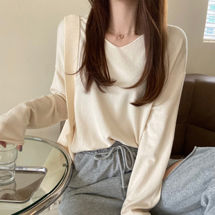 v领毛衣女打底衫春秋2021新款宽松慵懒风套头薄款长袖内搭针织衫