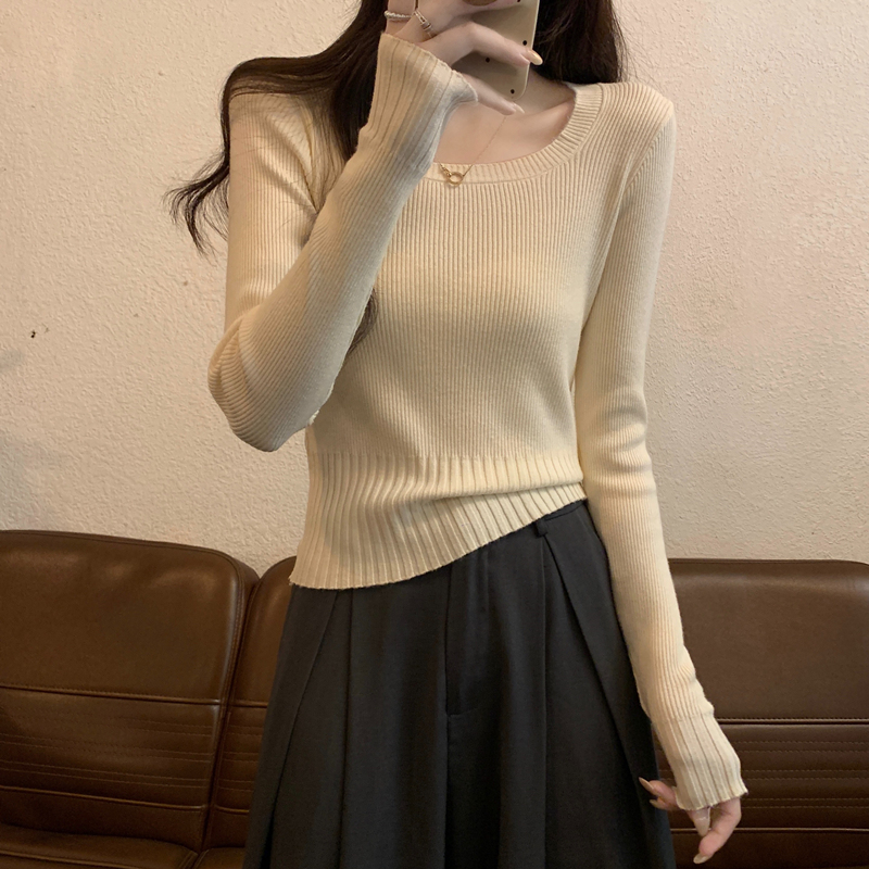 春秋冬方领修身显瘦收腰长袖打底针织衫上衣短款小个子毛衣女内搭