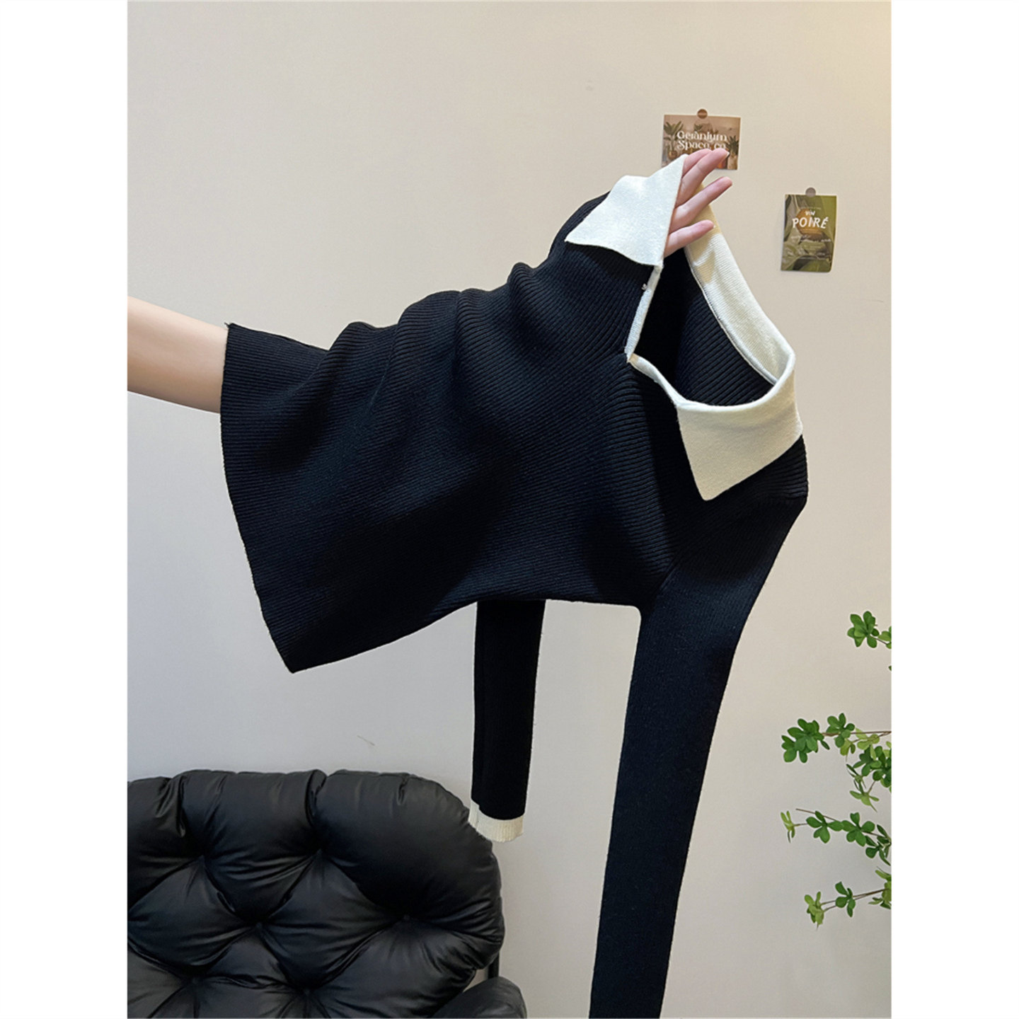 秋冬内搭外穿高级感修身显瘦长袖打底针织衫上衣Polo领黑色毛衣女