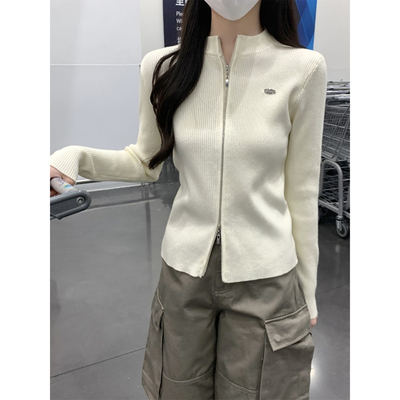 早秋2025新款双拉链毛衣外套女开衫立领长袖修身针织上衣内搭打底