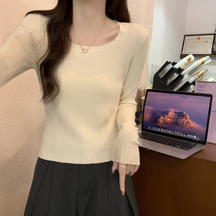 法式方领毛衣女内搭打底衫秋冬修身显瘦小个子短款长袖针织衫上衣