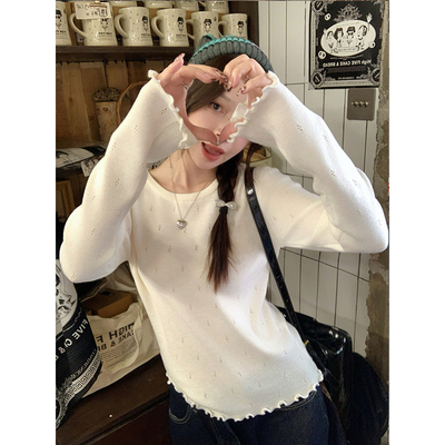 木耳边圆领白色毛衣女春秋冬薄款镂空修身内搭长袖打底针织衫上衣
