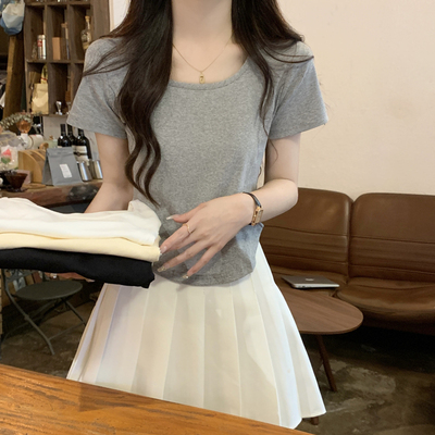 纯棉正肩t恤女短袖夏季法式设计感小众不规则短款绝美漂亮小上衣