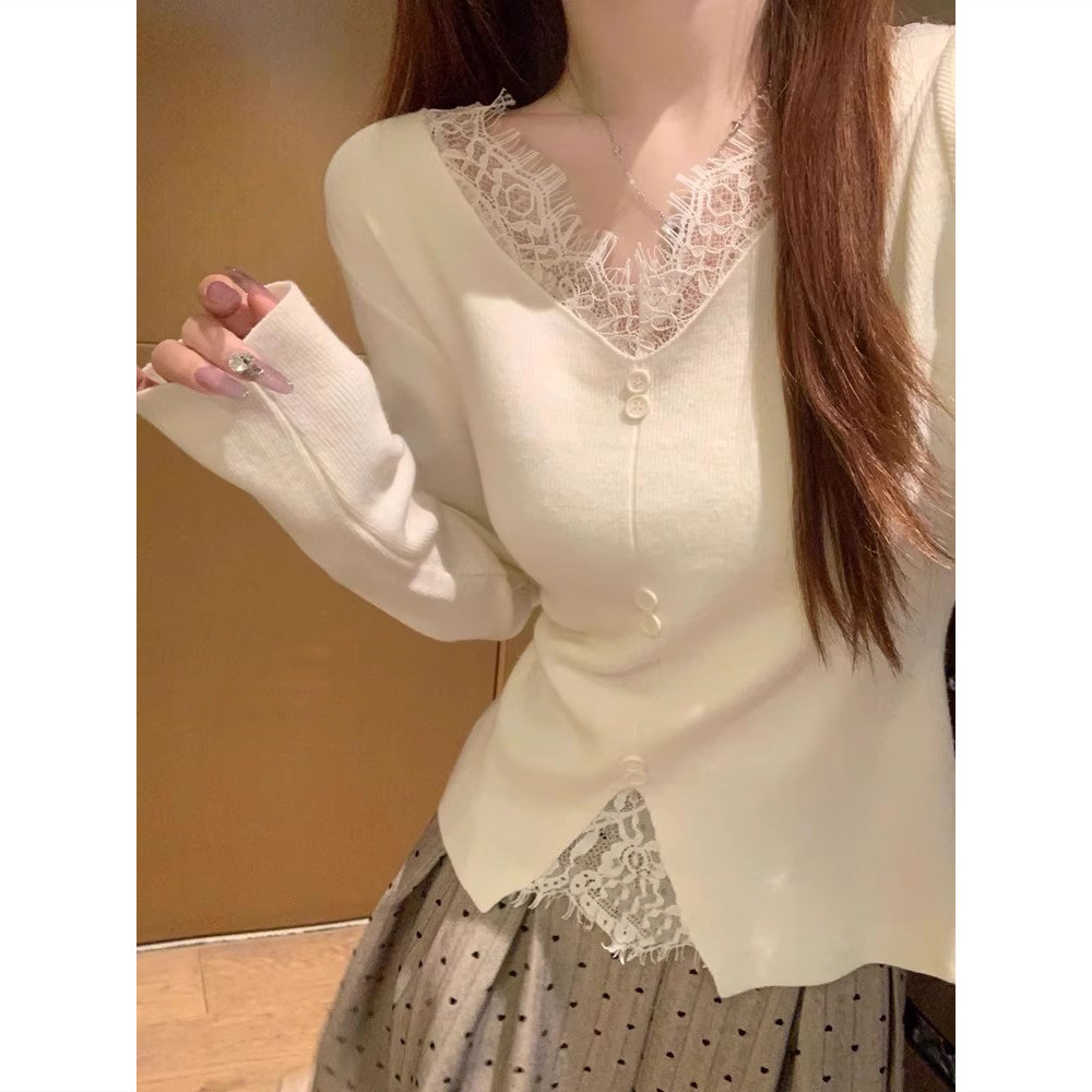 v领蕾丝花边针织衫上衣春秋纯欲设计感掐腰长袖内搭毛衣女打底衫,女装/女士精品,毛针织衫,淘宝优惠券,粉丝福利购,淘宝优惠卷