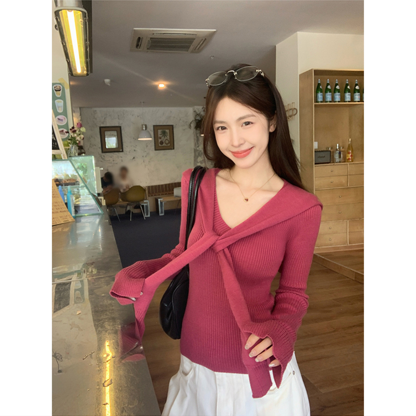 韩系学院风披肩v领针织衫毛衣女秋季绝美巨好看的内搭上衣打底衫