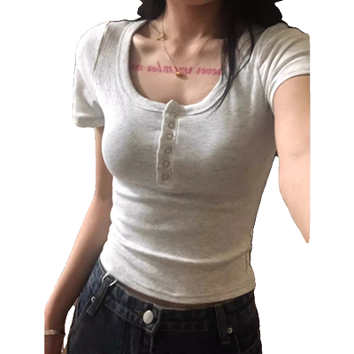小个子短款辣妹锁骨u领t恤女短袖夏季正肩设计感收腰修身紧身上衣