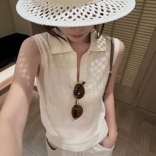 老钱风米白色镂空针织polo衫背心女夏外穿宽松无袖打底内搭小上衣