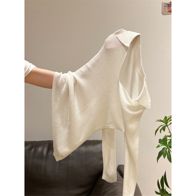 Polo领白色针织衫女秋冬法式气质v领修身长袖毛衣打底衫内搭上衣
