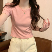 短款 圆领正肩粉色t恤女短袖 修身 美式 高腰辣妹纯欲体恤上衣服 夏季
