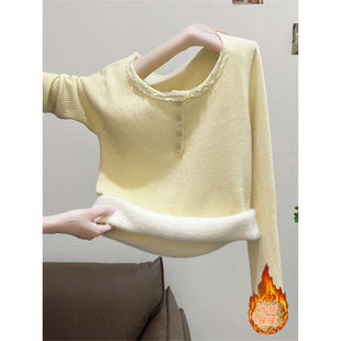秋冬蕾丝花边圆领长袖打底针织衫上衣加厚加绒保暖内搭黄色毛衣女