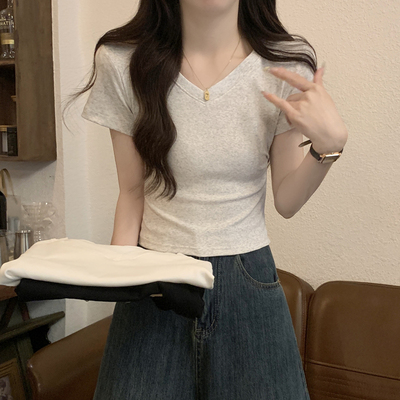 v领正肩纯棉t恤女短袖夏季美式辣妹修身短款收腰褶皱设计感小上衣