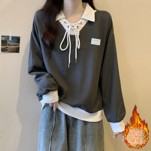 小个子短款宽松大码polo领卫衣女