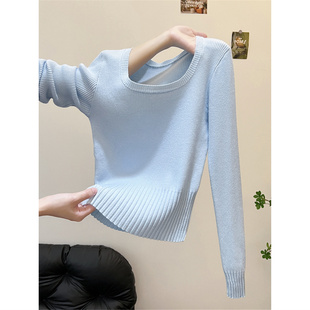 浅蓝色方领针织衫女秋冬修身紧身短款小个子上衣内搭长袖打底毛衣